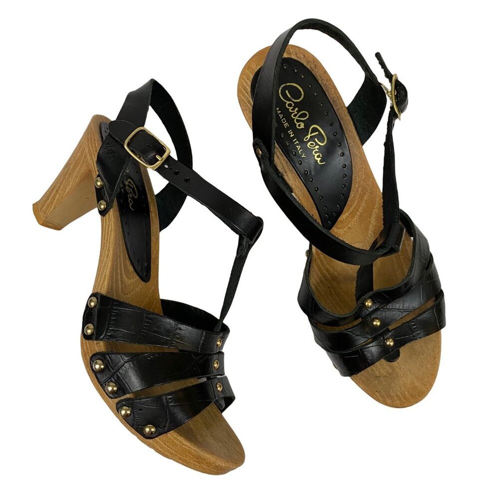 Carlo Pera Strappy Black Sandals Studded Gold Hardware Ankle Strap Size 8 / 39